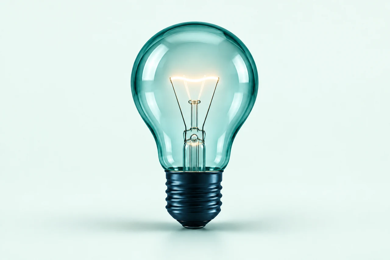 Illustrative teal glass lightbulb on a pale mint background, representing a clear idea.