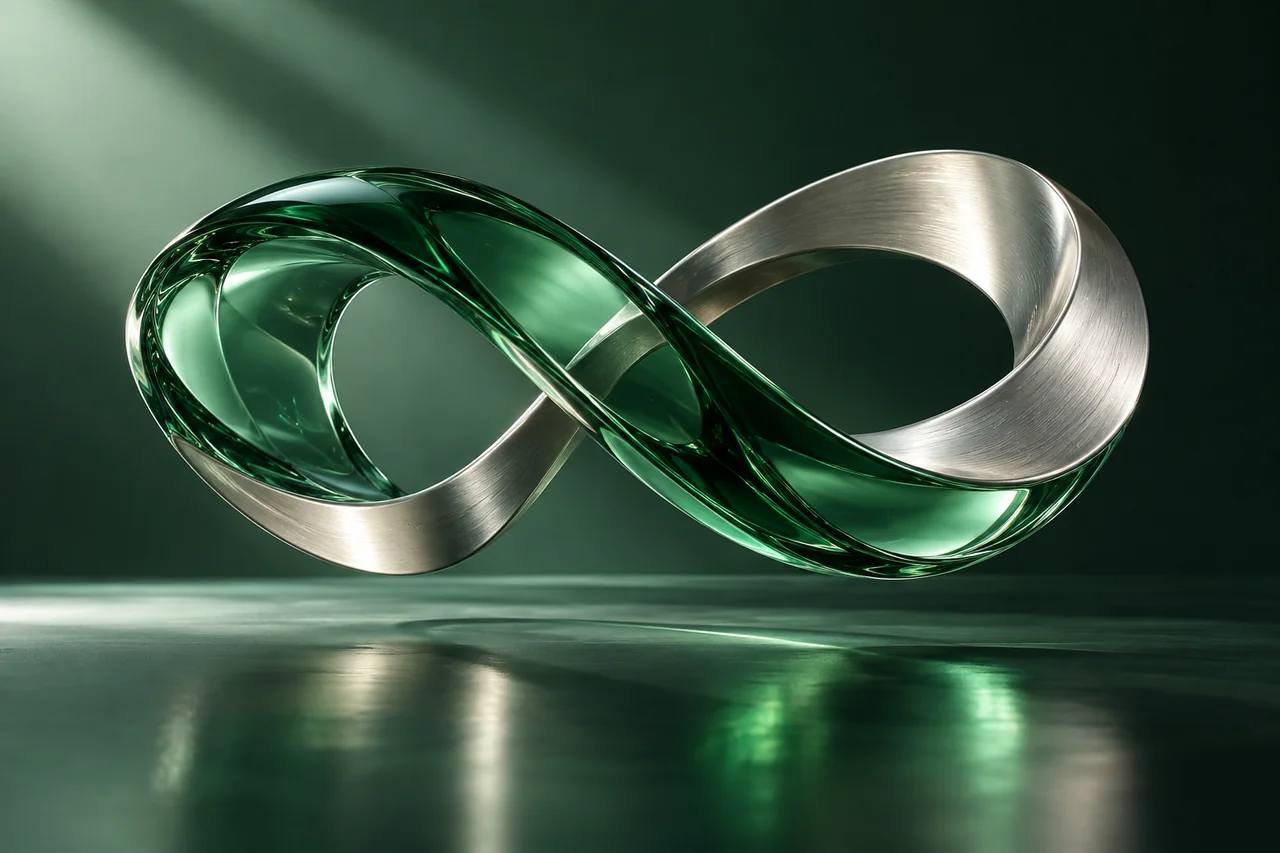 Emerald glass and brushed metal infinity sculpture representing continuous innovation.