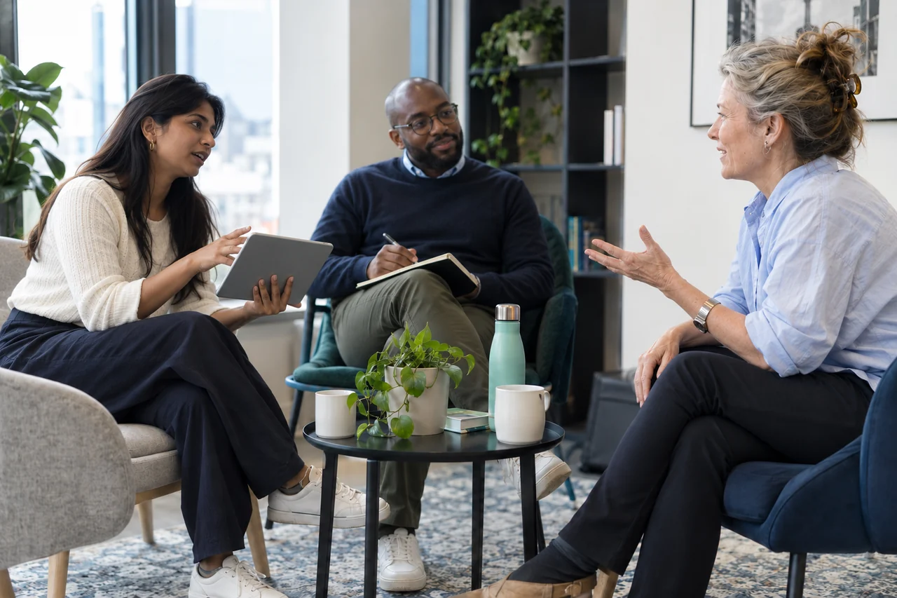 Illustrative business partners discussing a shared technology proposal.