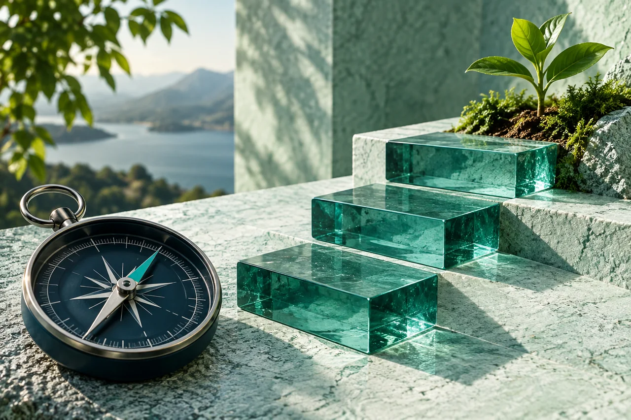 Compass and teal stepping stones leading to a growing plant.