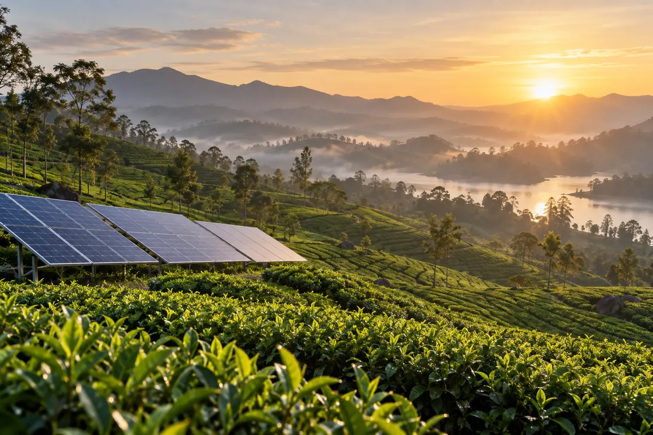 Illustrative green hills and solar panels, representing responsible growth.